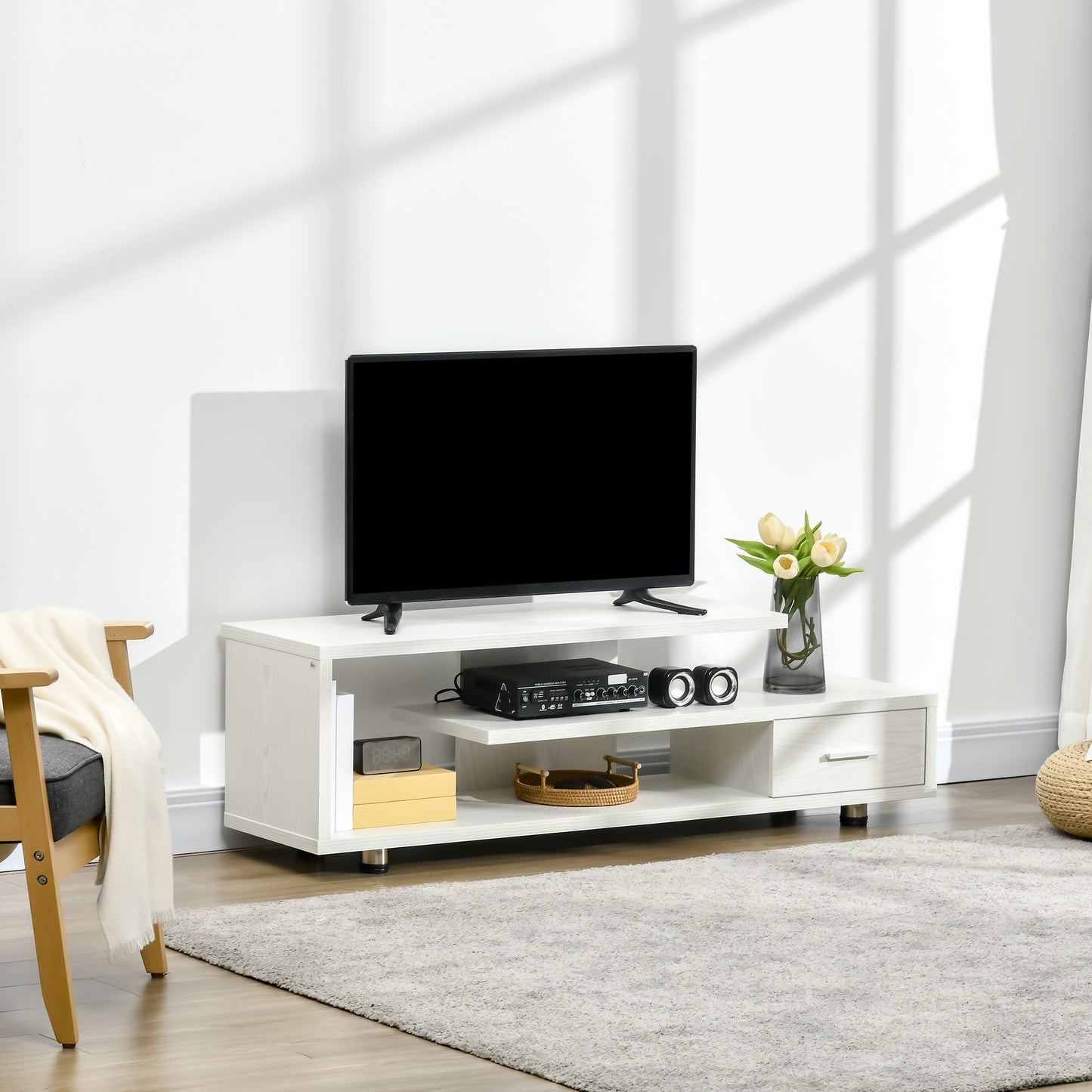 Modern TV Stand for TVs 45" and up, TV Cabinet with Storage Shelf and Drawer, Entertainment Center for Living Room Bedroom, White Wood Grain