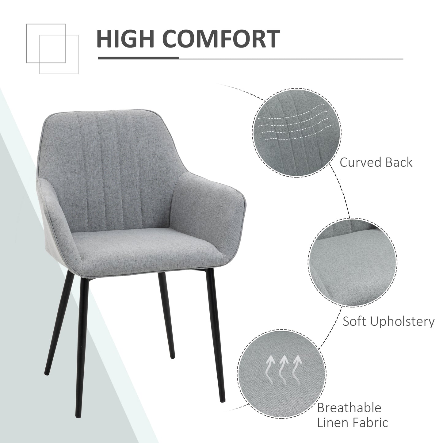 Dining Chairs Set of 2, Upholstered Linen Fabric Accent Chairs with Metal Legs, Light Grey