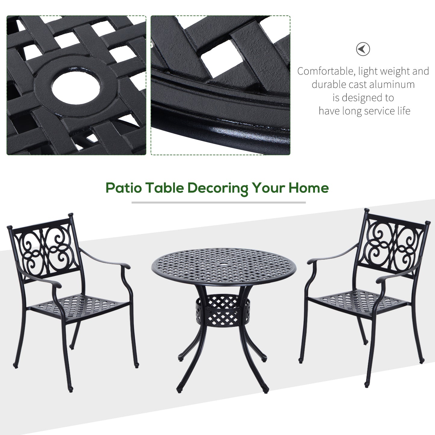 Outsunny Cast Aluminum Patio Outdoor Bistro Round Dining Table with Umbrella Hole, 33-Inch Diameter Outdoor Garden Furniture, Black