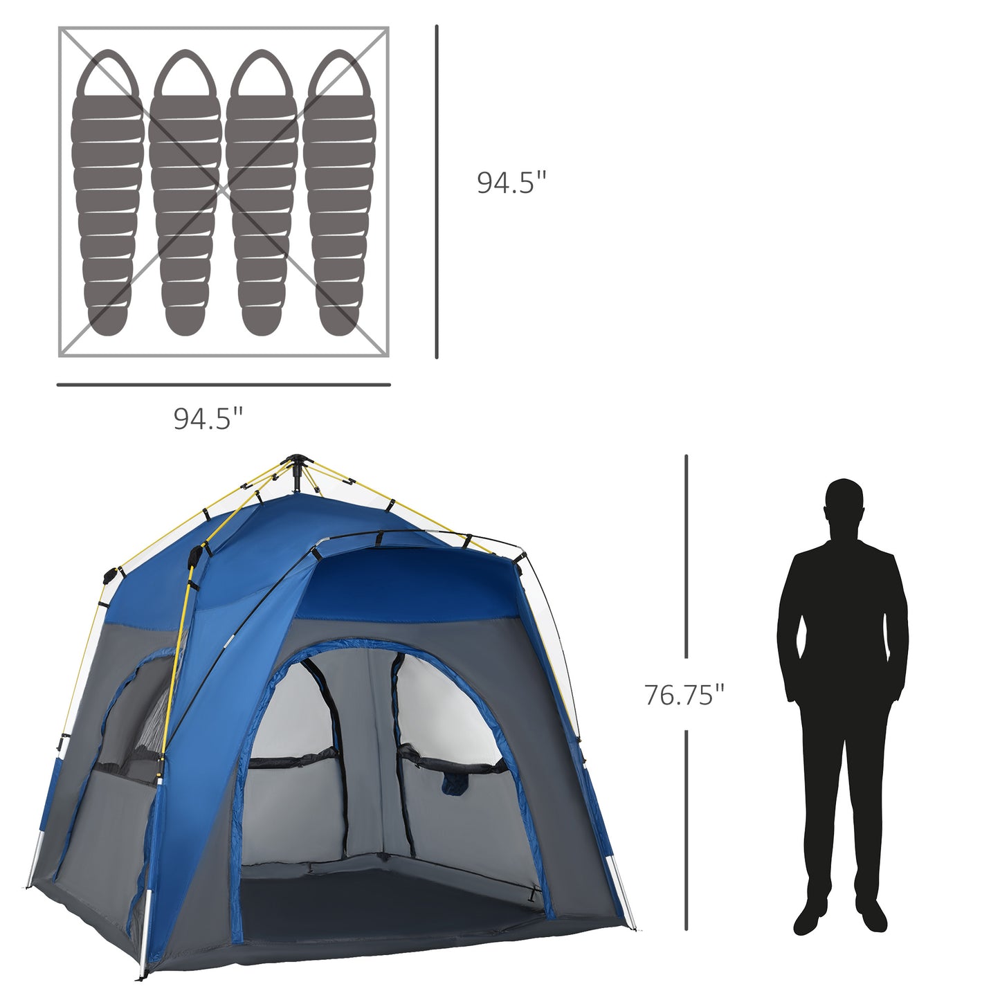 Outsunny Instant Automatic Camping Tent w/ 4 Doors and 4 Windows, Outdoor Easy Pop Up Tent, Portable Backpacking Dome Shelter, 4 Person, Grey