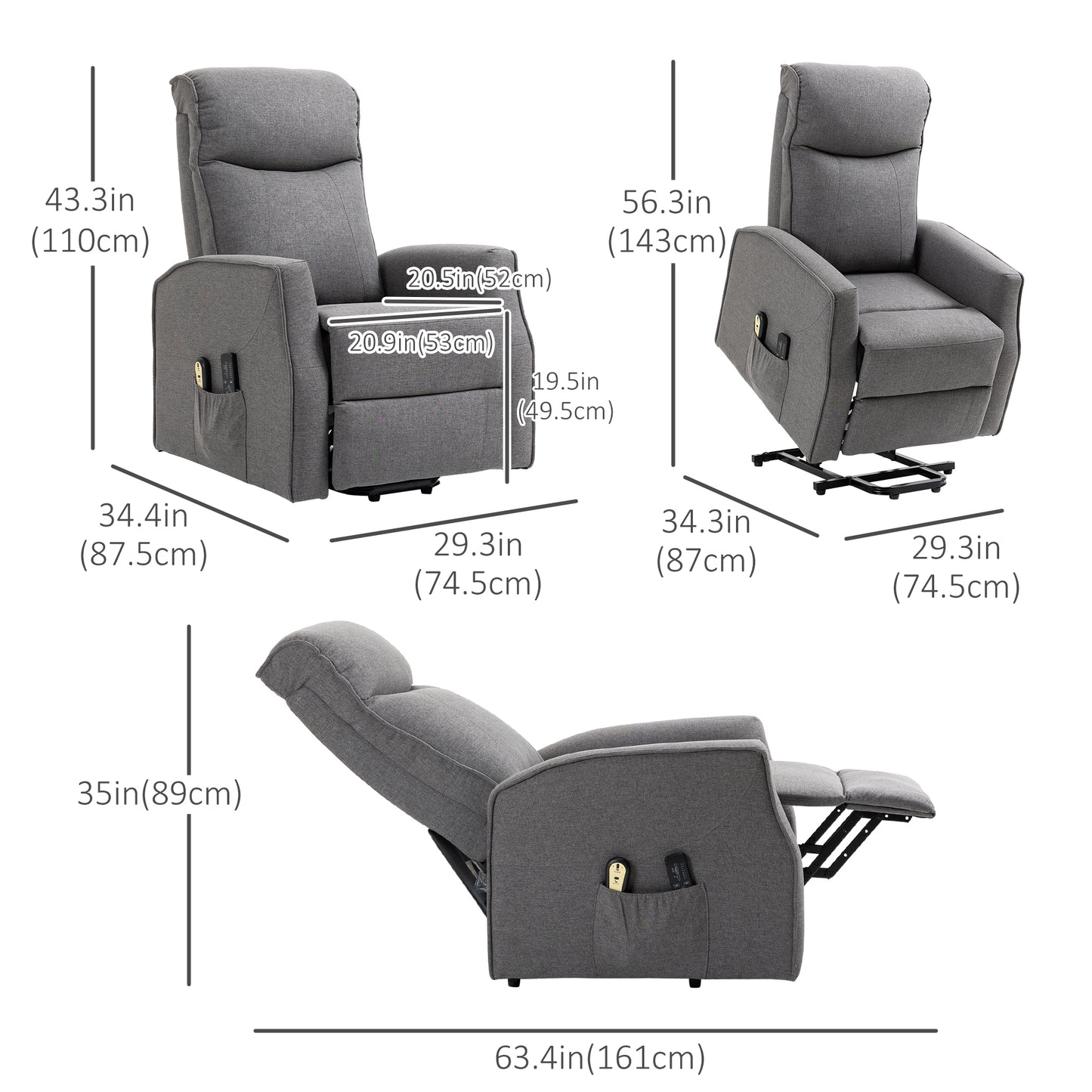 Power Lift Massage Recliner Chair for Elderly, Electric Linen Fabric Reclining Chair with 8 Vibration Points, Remote Control, Side Pockets, Dark Grey