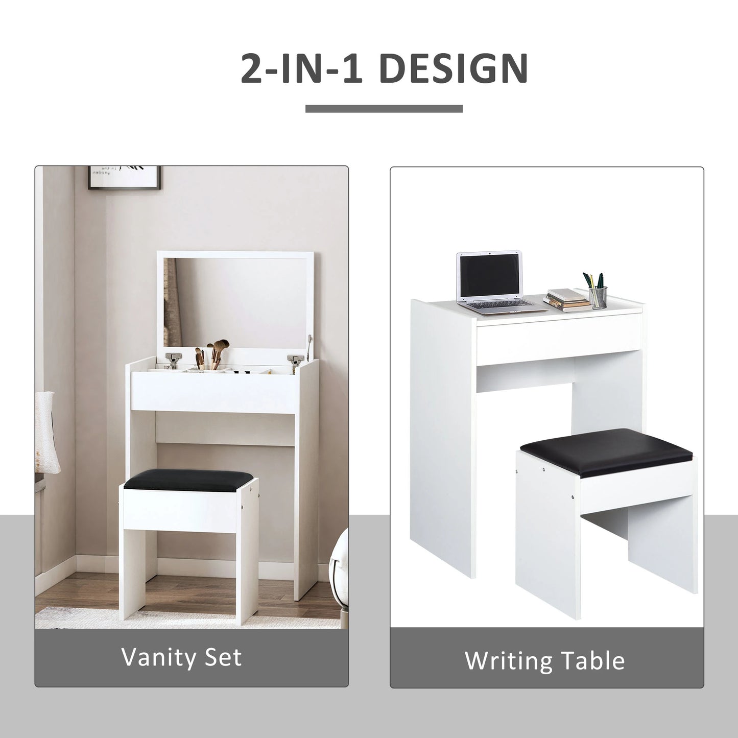 Mirrored Vanity Set Dressing Table and Stool Set Makeup Desk with Flip Top Bedroom Furniture White