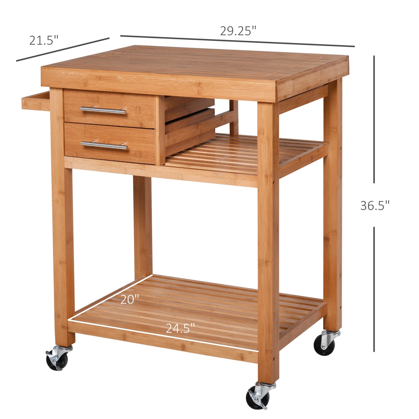 Bamboo Rolling Kitchen Island Trolley with Drawers & Shelves