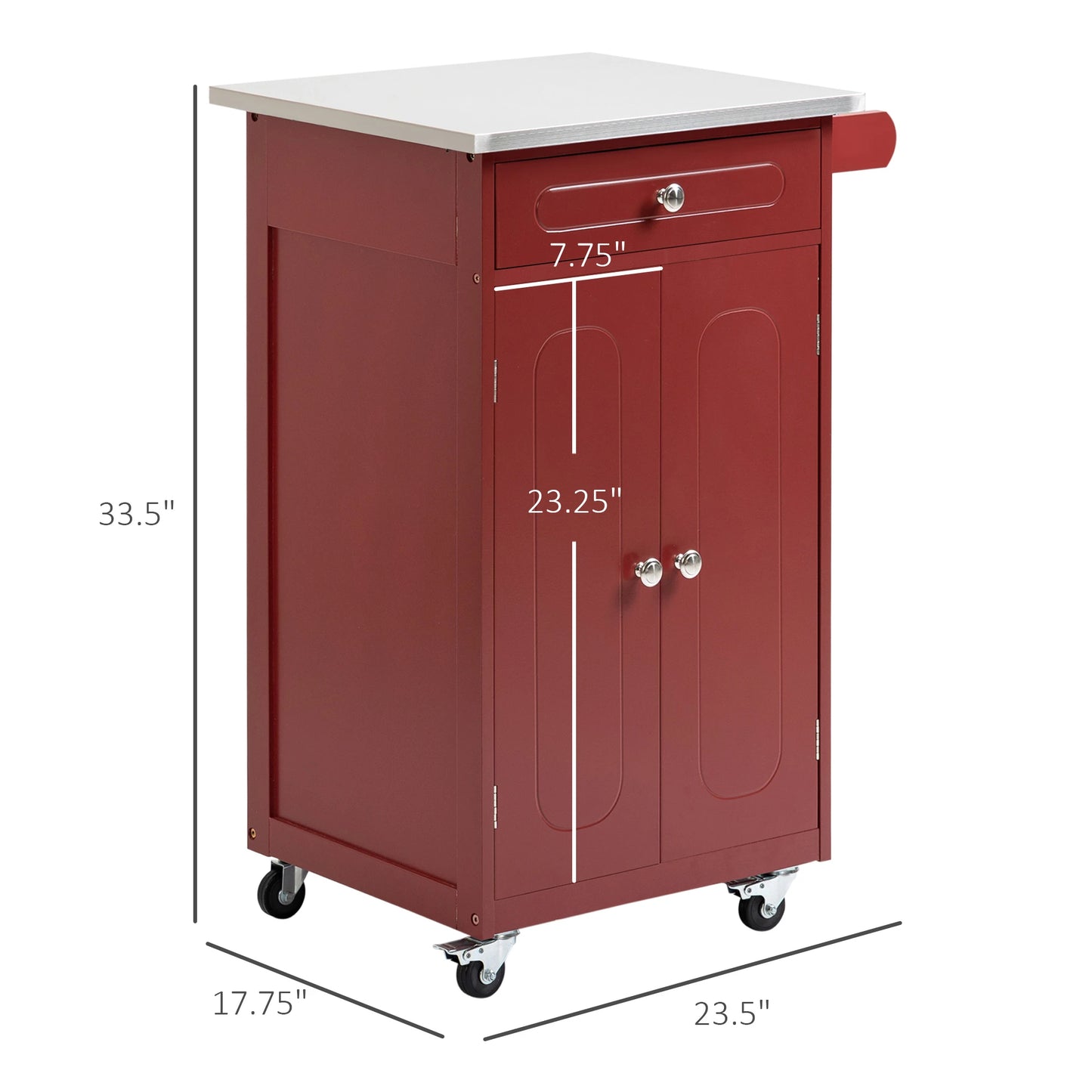 Kitchen Cart, Small Kitchen Island, Stainless Steel Top Utility Trolley on Wheels with Storage Drawer for Dining Room, Kitchen, Red