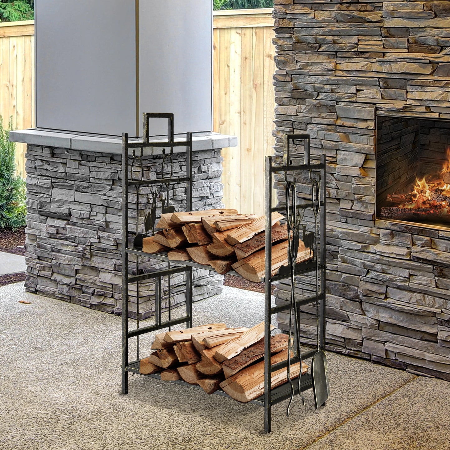 2-Layer Heavy Duty Firewood Rack Wood Log Fireplace Stacker w/ 4 Tools, Gold