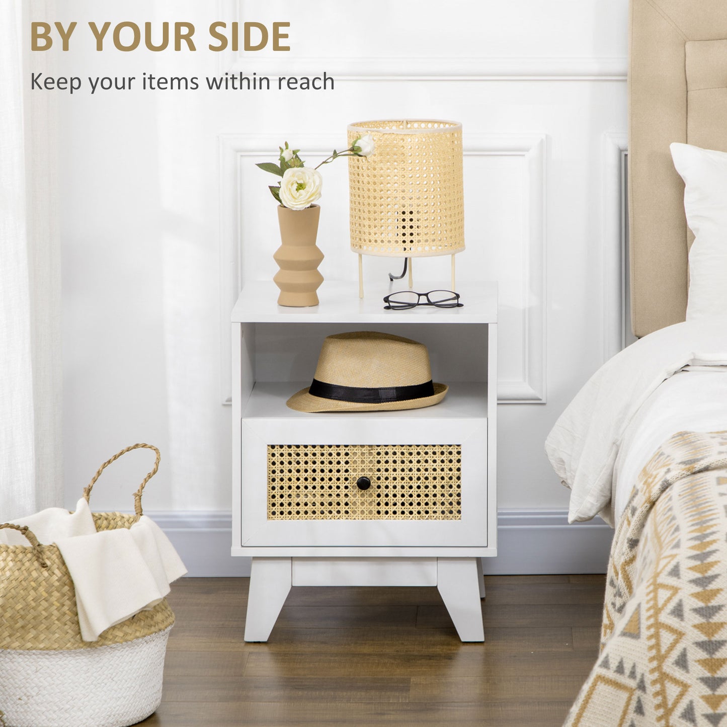 Bedside Table with Rattan Element, Side End Table with Drawer and Shelf, 17.7"x15.4"x22.2", White