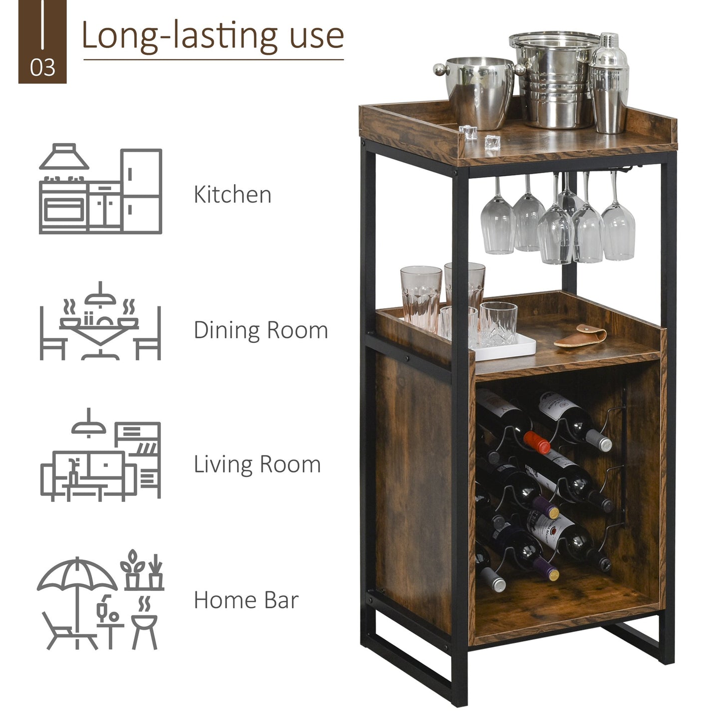 Retro Industrial 9-bottle Wine Rack Storage Cabinet Serving Bar Wood Buffet with Glass Holders