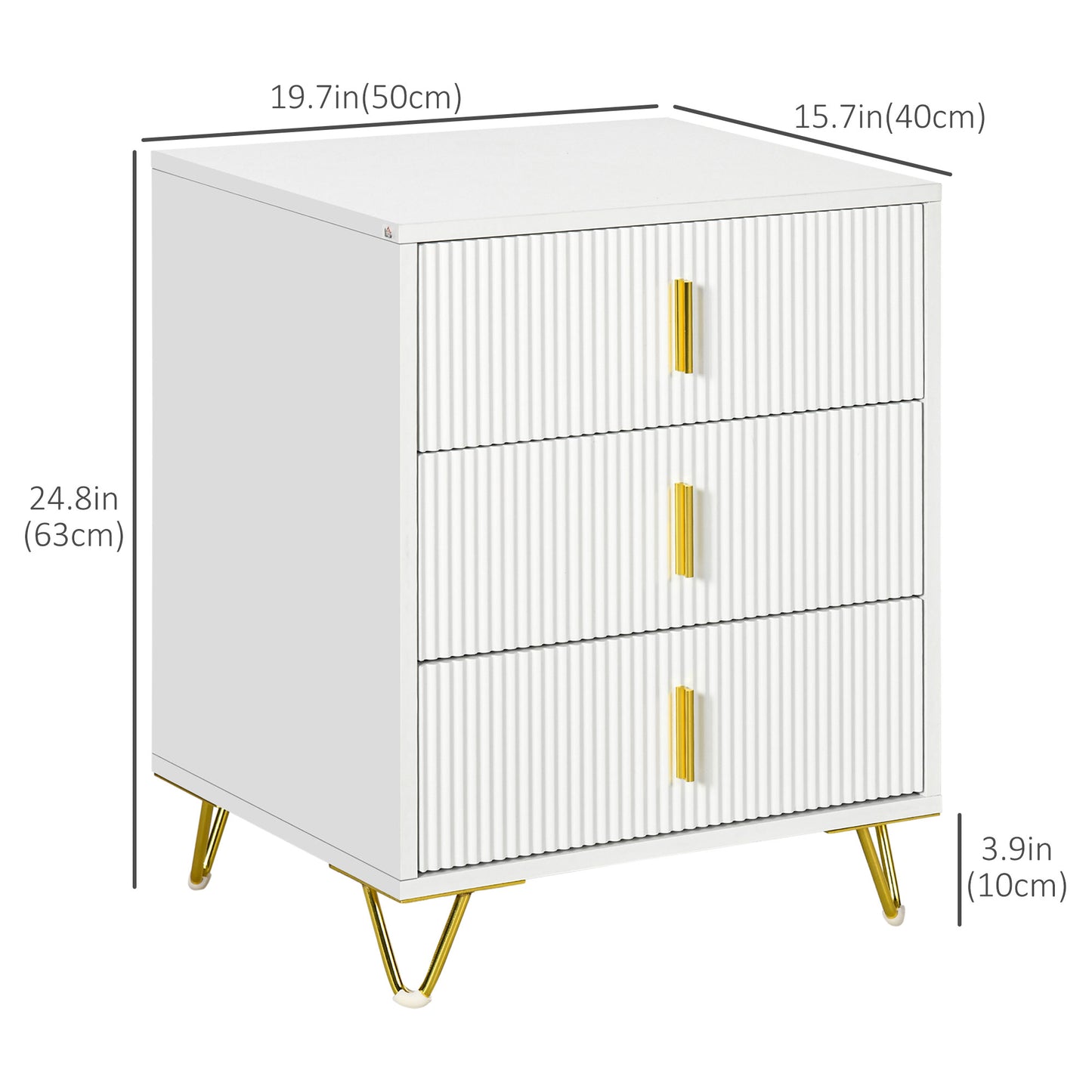 Drawer Chest, 3-Drawer Storage Cabinet Unit with Metal Legs for Living Room, 19.7"x15.7"x24.8", White