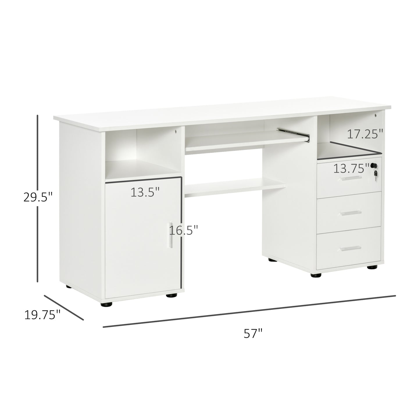 Computer Desk with Keyboard Tray and Drawers, Writing Desk, Home Office Workstation, White