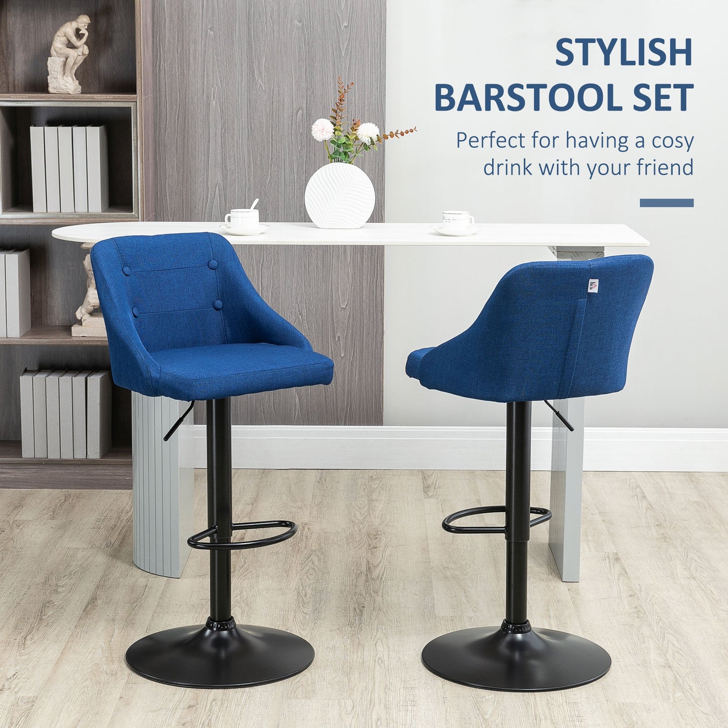 Modern Adjustable Bar Stools Set of 2, Swivel Fabric Barstools with Footrest, Armrests and Back, for Kitchen Counter and Dining Room, Dark Blue