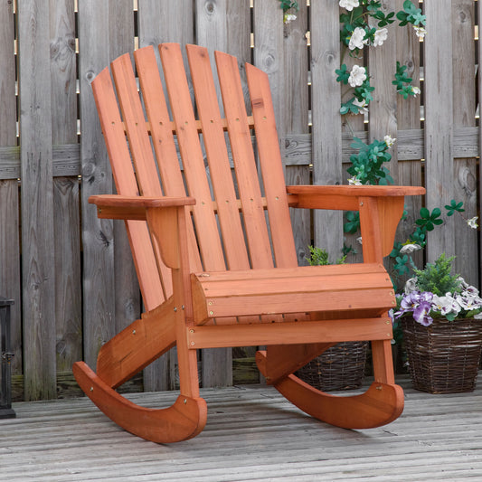 Wooden Adirondack Rocking Chair with Slatted Wooden Design, Fanned Back, & Classic Rustic Style, Teak