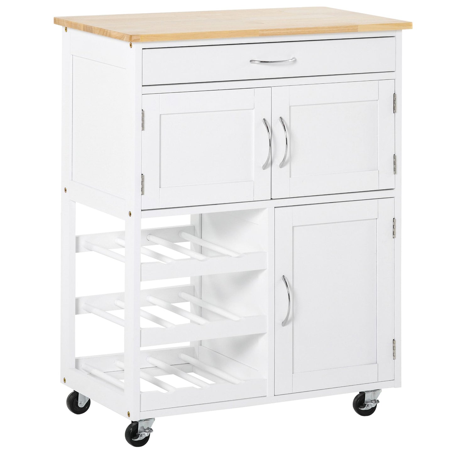 Rolling Kitchen Cart, Kitchen Island with Storage Drawer, 9-bottle Wine Rack, Door Cabinets, Wooden Countertop, White