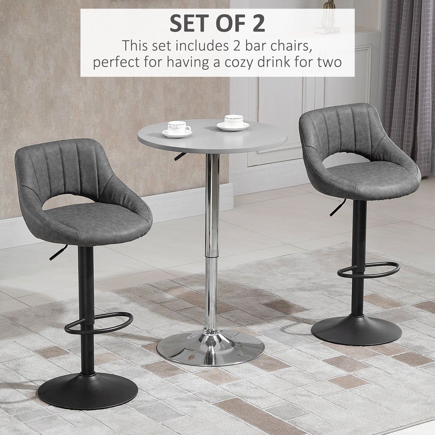 Modern Bar Stools Set of 2, Swivel Counter Height Barstools Chairs with Adjustable Height, Round Heavy Metal Base, and Footrest, Gray