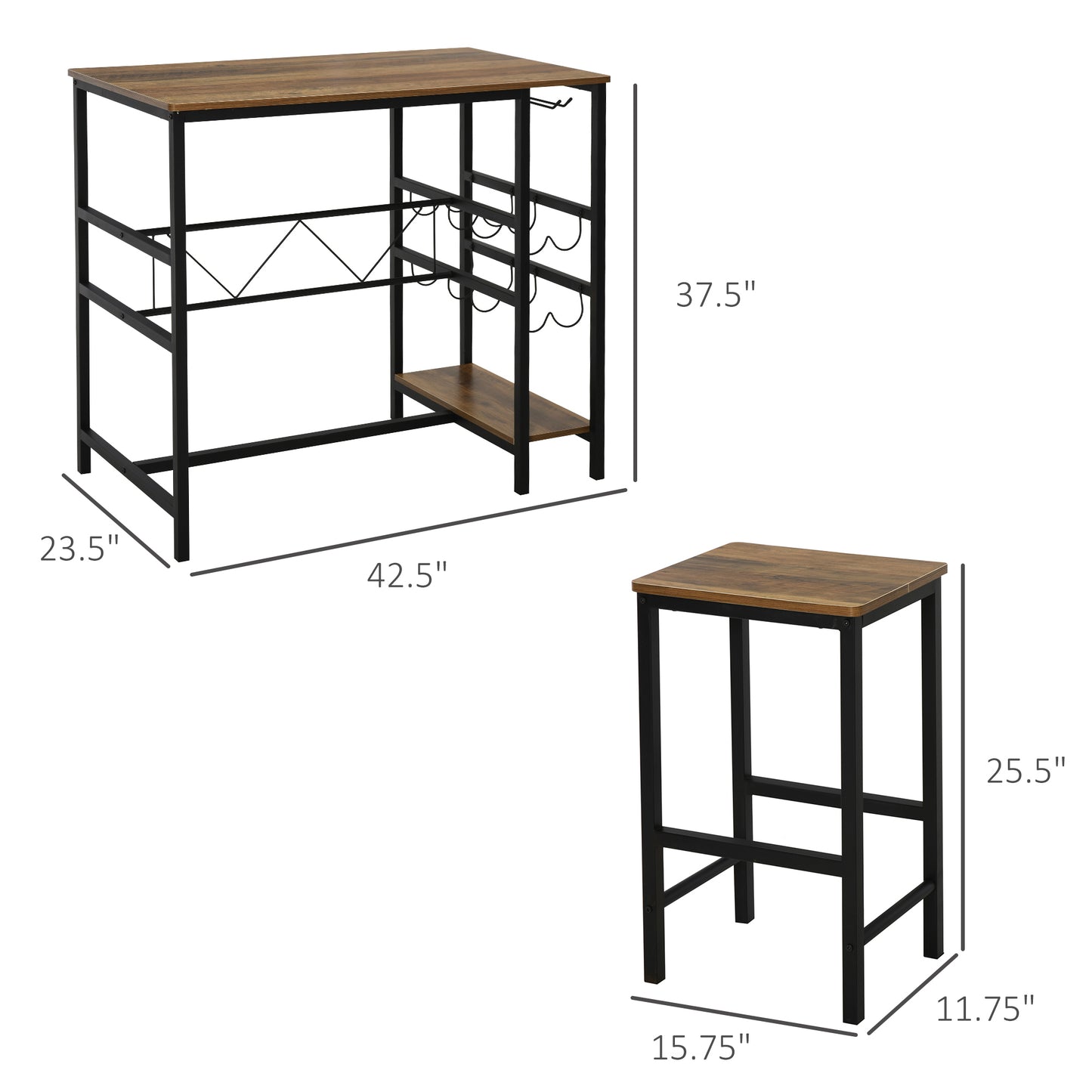 3 Pieces Bar Bistro Set with Metal Frame Wine Rack and Cup Holder Home Pub