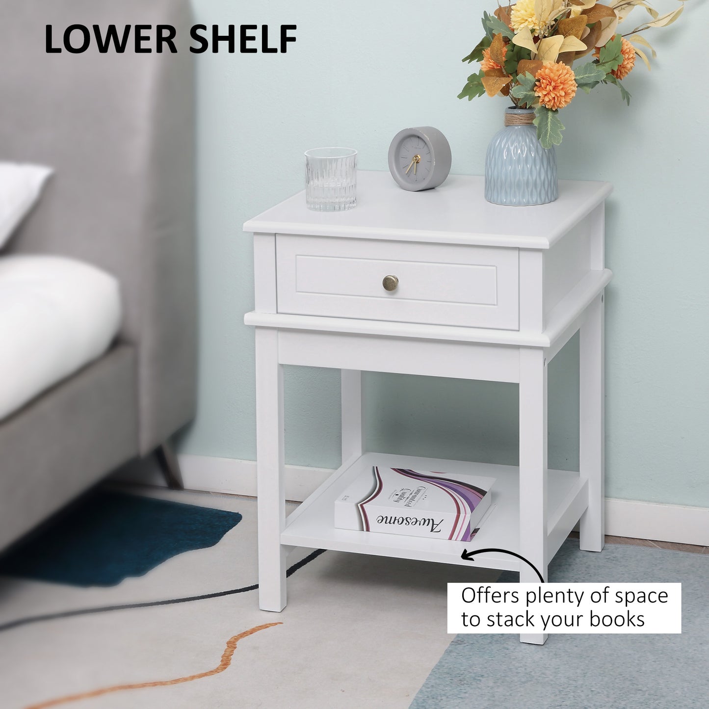 Modern Nightstand, Accent End Side Table with Drawer and Storage Shelf, Bedside Table for Bedroom Living Room, White