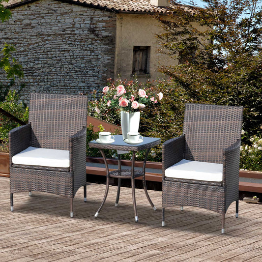 Outsunny 3 Pieces Patio Bistro Set, Outdoor PE Rattan Porch Furniture with Two Armchairs, Glass Top Coffee Table, Coffee