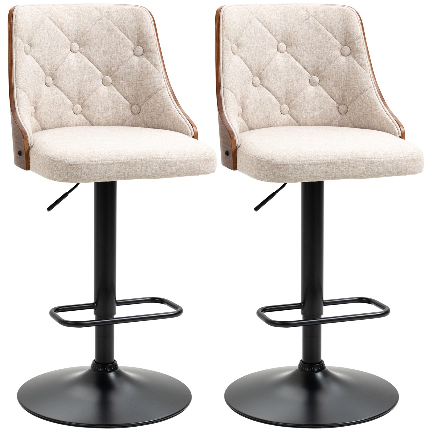 Counter Height Bar Stools Set of 2, Height Adjustable Swivel Barstools with Footrest and Solid Wood Back, Linen Fabric Bar Chairs, Beige