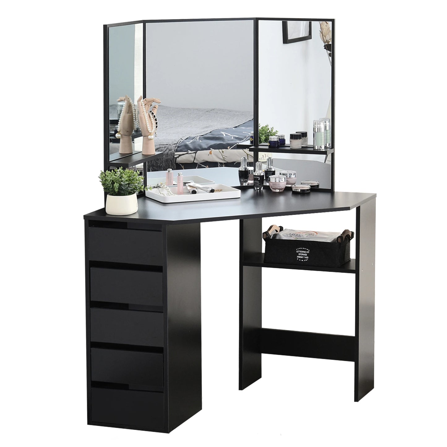 Corner Vanity Table, Makeup Desk with Three-Fold Mirror and 5 Drawers, Black