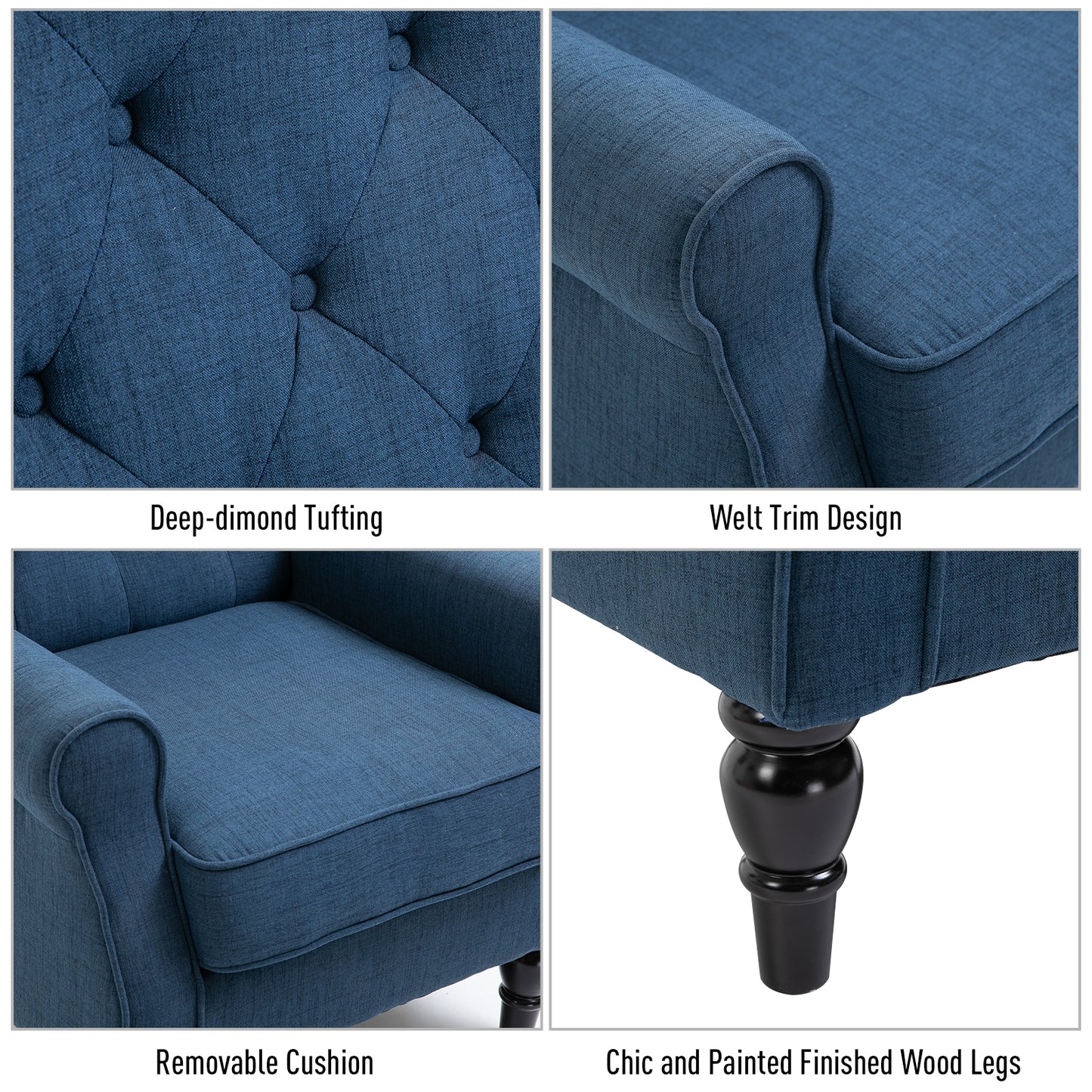 Button-Tufted Accent Chair with High Wing Back, Rounded Cushioned Armrests and Thick Padded Seat, Blue