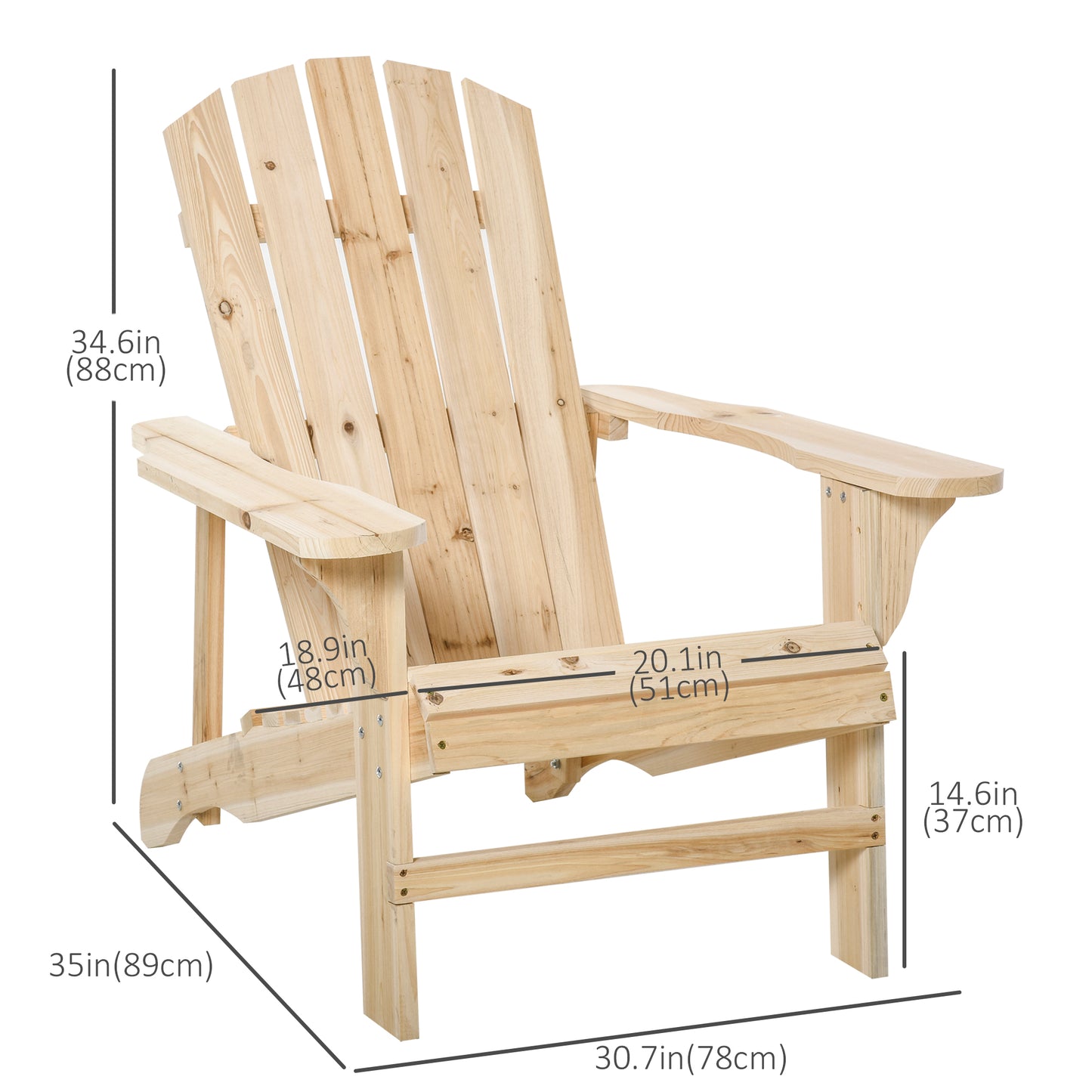 Outsunny Wood Adirondack Chair, Outdoor Patio Chair with Slatted Design for Deck, Garden, Backyard, Fire Pit, Natural