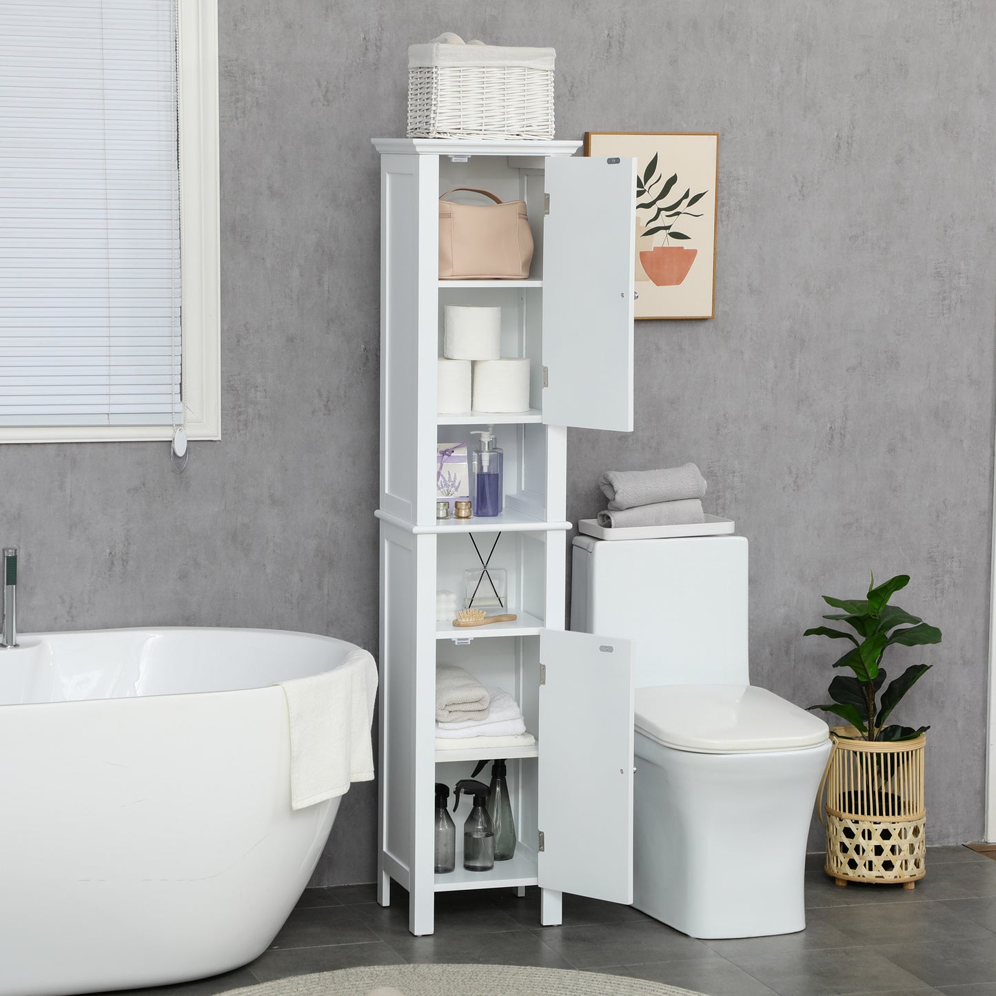 Bathroom Cabinet, Freestanding Linen Cabinet with Open Shelves and Cupboards, 13.8" x 11.8" x 62.4", White