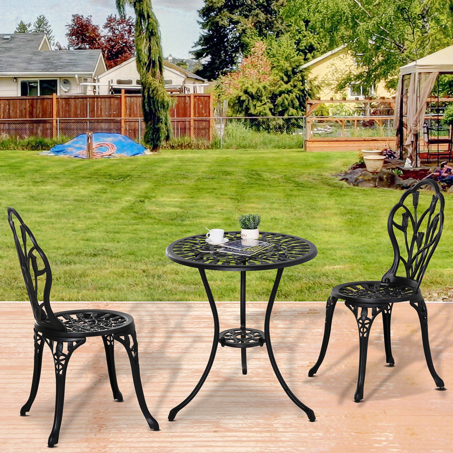 Outsunny 3PCs Patio Bistro Set, Outdoor Cast Aluminum Garden Table and Chairs with Umbrella Hole for Balcony, Black