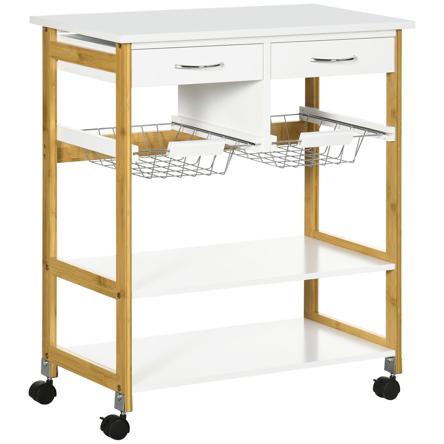 Kitchen Island with Storage, Bamboo Kitchen Cart on Wheels with 2 Drawers, 2 Metal Baskets, Open Shelves and Casters with Lock, Natural