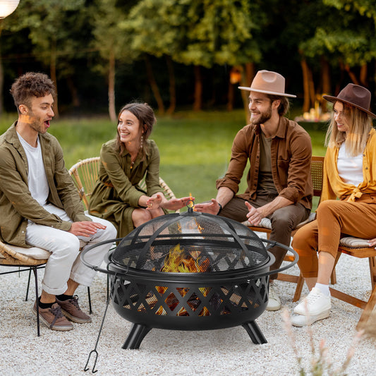 2-in-1 Outdoor Fire Pit with BBQ Cooking Grill, Round Firepit Bowl with Spark Screen Cover, Poker for Backyard Bonfire