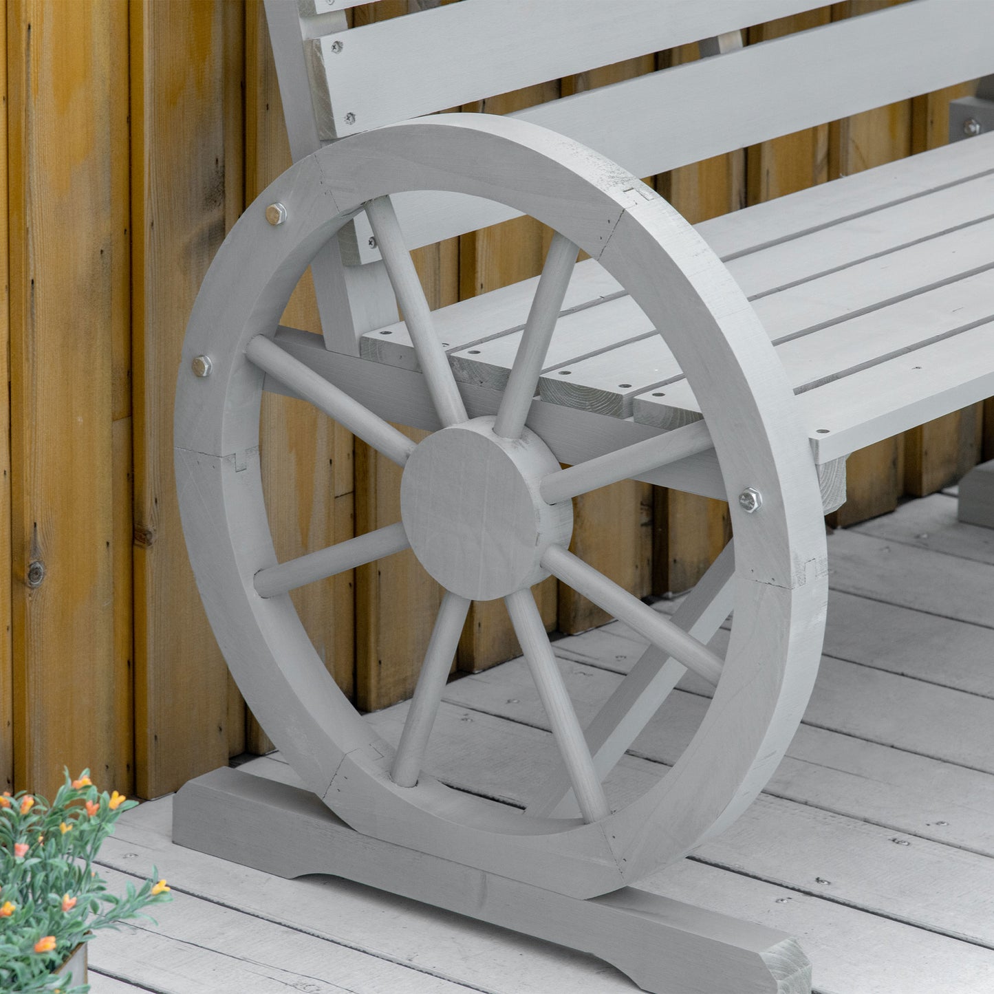 Outsunny 42" Wood Wagon Wheel Bench Garden Loveseat Rustic Seat Relaxing Lounge Chair Outdoor Decorative Seat Park Decor Grey