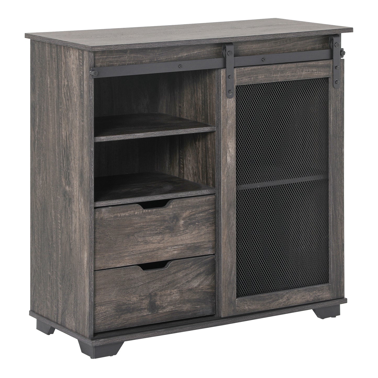 Industrial Freestanding Sideboard Buffet Sliding Door Storage Cabinet with 2 Drawers, 2 Shelves, 2 Door Cabinets, for Living Room, Dining Room, Kitchen, Bathroom, Entryway, Dark Brown and Black