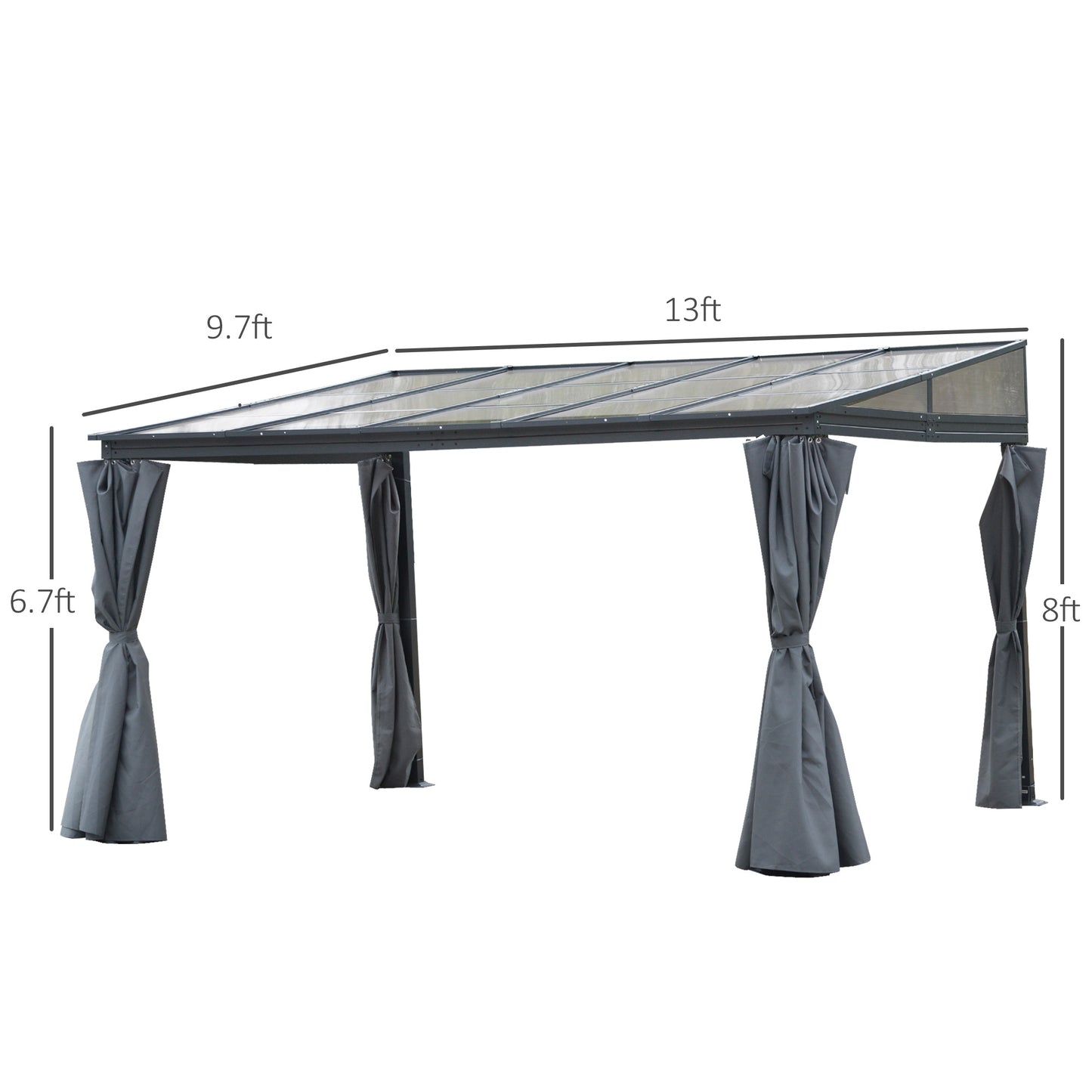 13' x 9.7' Outdoor Hardtop Pergola PC Roof Gazebo Party Tent Garden Sun Shelter Waterproof and UV protection with Curtains, Grey