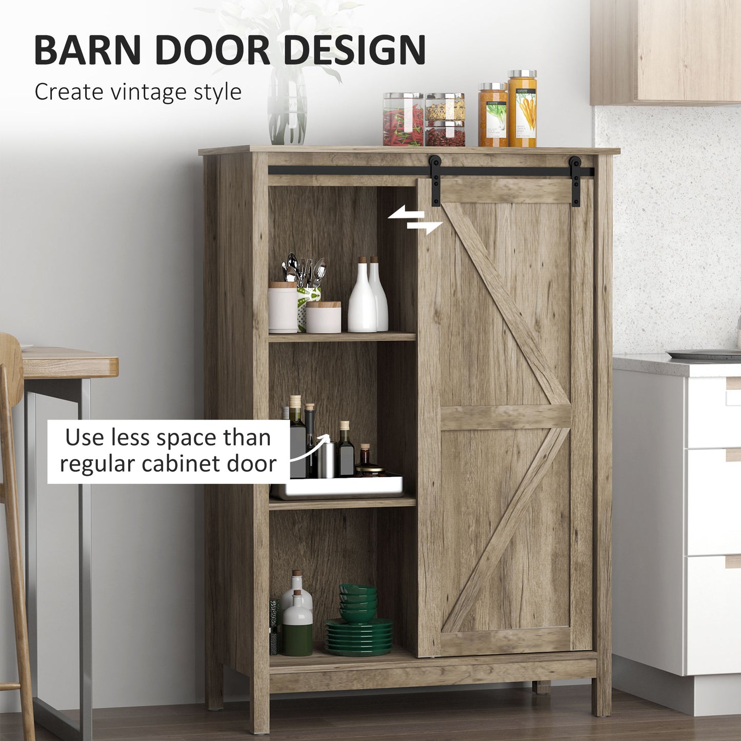 Accent Cabinet, Kictchen Cupboard Storage Cabinet, 3-Tier Organizer with Barn Door and Adjustable Shelf, Antique Grey