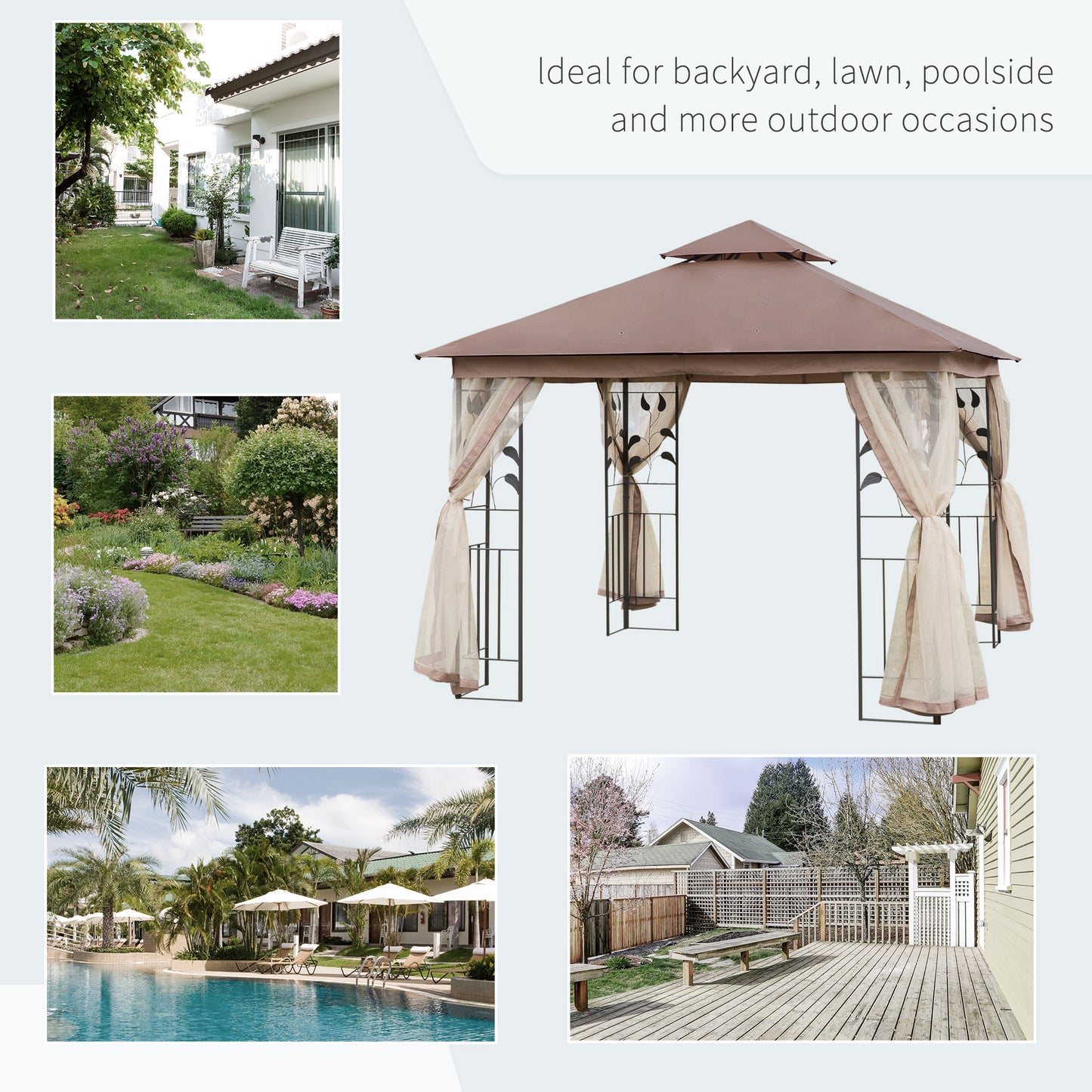 10' x 10' Patio Gazebo, Outdoor Gazebo Canopy with 2-Tier Polyester Roof and Mosquito Netting for Patio, Garden, Lawn , Brown