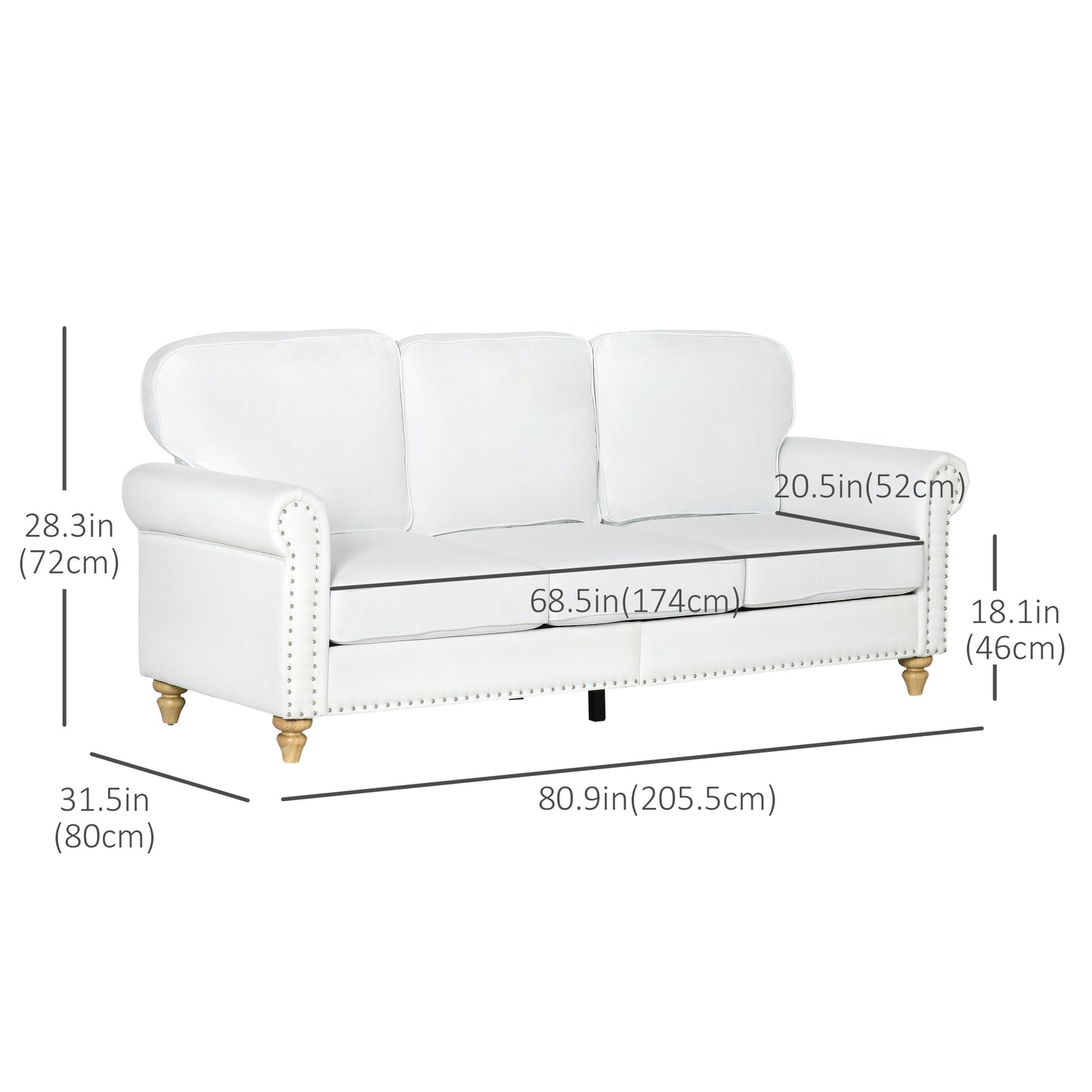 3-Seater Sofa Couch, 81" Modern Linen Fabric Sofa with Rubberwood Legs, Studded Trim and Rolled Arms for Living Room, Bedroom and Apartment, White