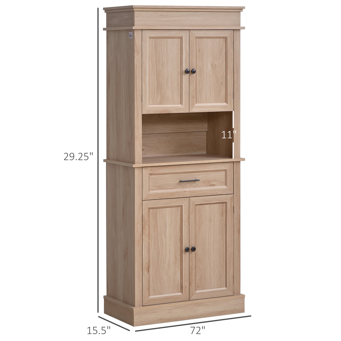 72"H Modern Freestanding Kitchen Pantry Cabinet Cupboard with Doors Open Shelves Adjustable Shelving Microwave Space, Oak