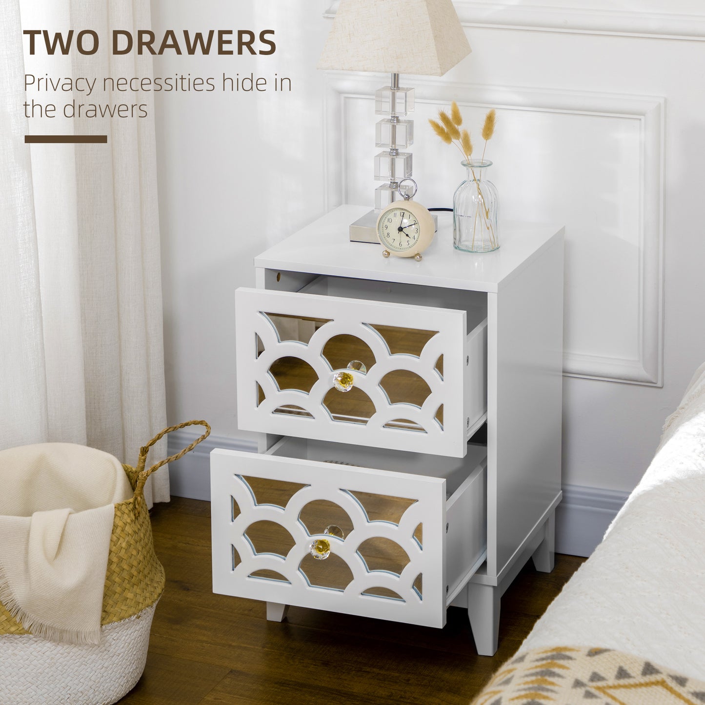 Modern Bedside Table, Side End Table with Drawers and Front Mirror, 15.4"x14.4"x23.6", White