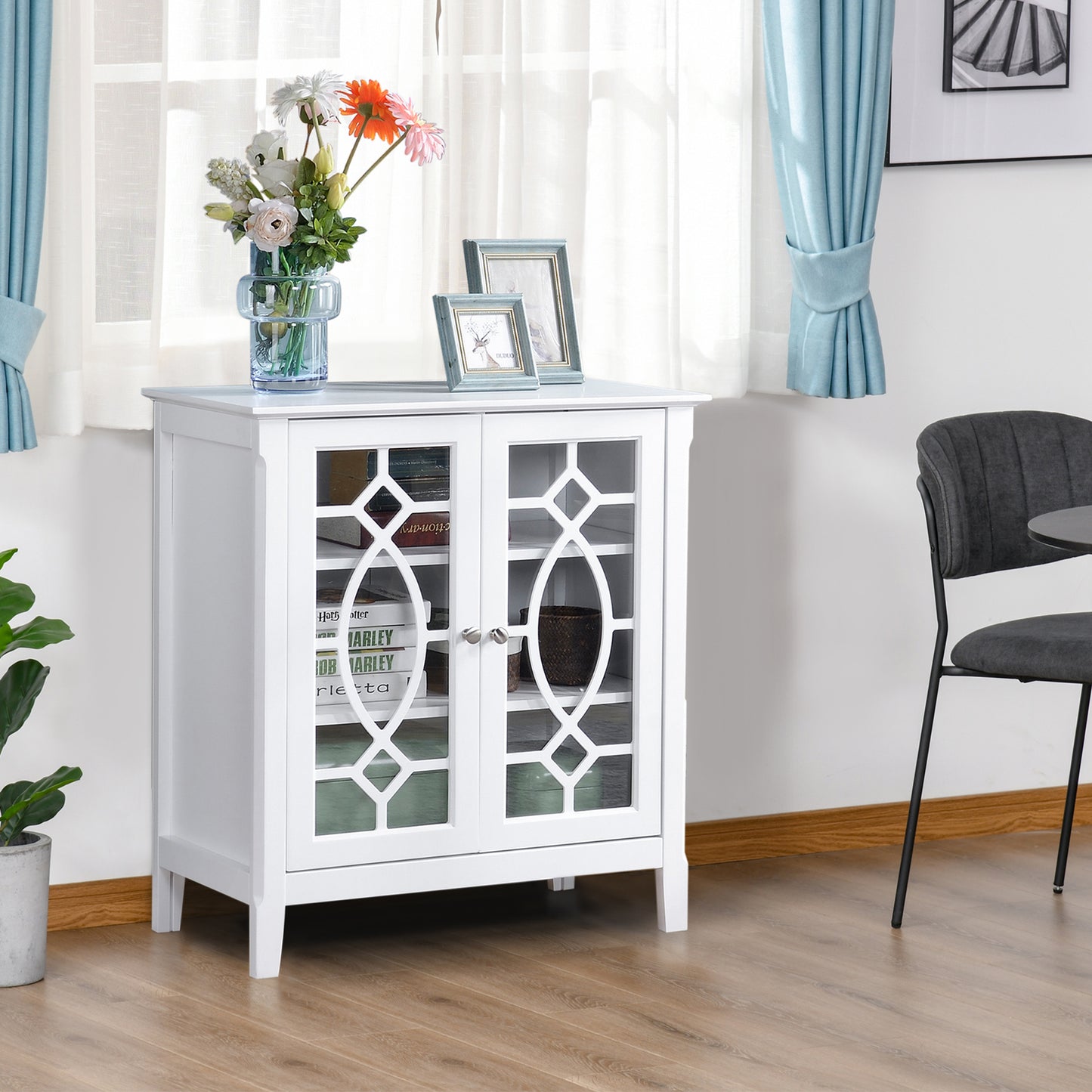 Sideboard Display Cabinet with Double Framed Glass Doors, 2 Adjustable Shelves, and Elevated Base, White