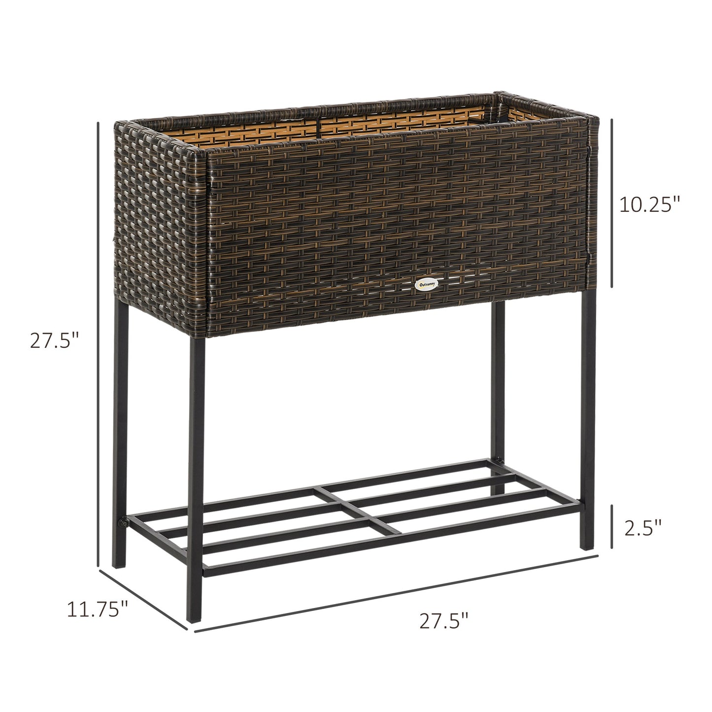 Outsunny Modern Elevated Metal Raised Garden Bed with Rattan Wicker Look, Underneath Tool Storage Rack, Brown