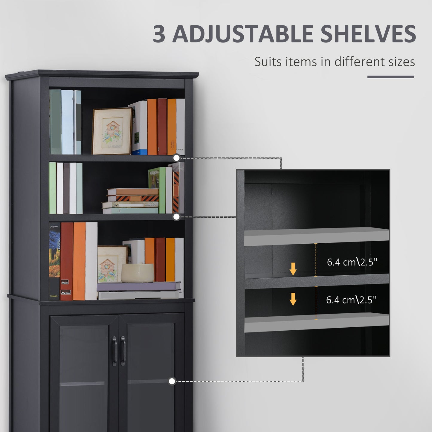 Multifunctional Bookcase Storage Cabinet with Adjustable Shelves Display Rack for Study, Kitchen, Living Room, Black