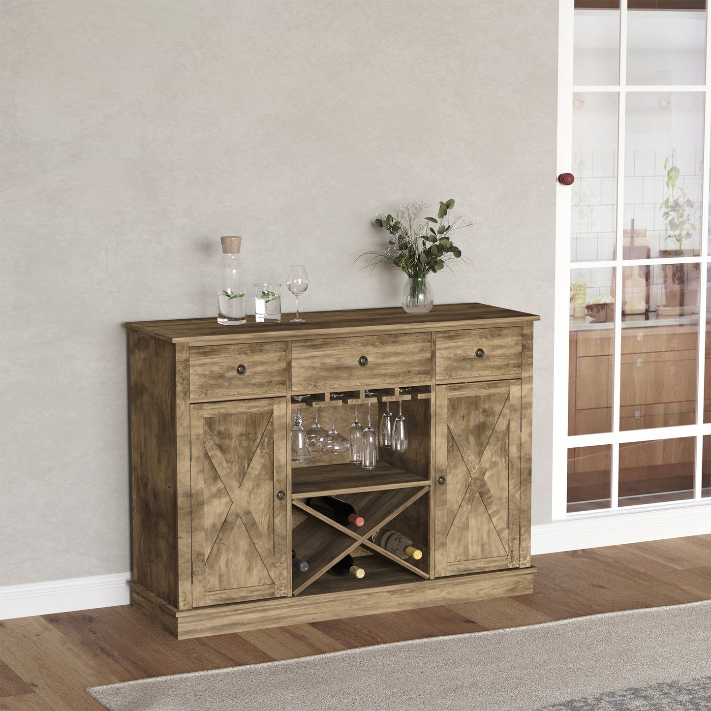 Farmhouse Sideboard Buffet Table Storage Cabinet with 3 Drawers, X-Shaped Wine Rack, Steamware Holder and Cabinets