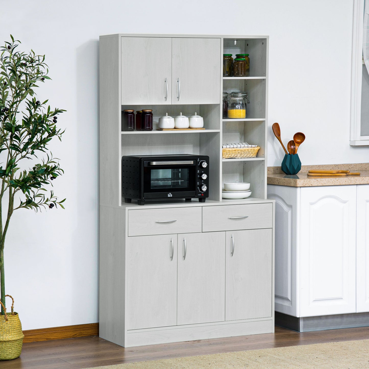 71" Kitchen Hutch with Storage Cabinet, Modern Buffet with Hutch, Cupboard with Drawers for Living Dining Room, Ash White