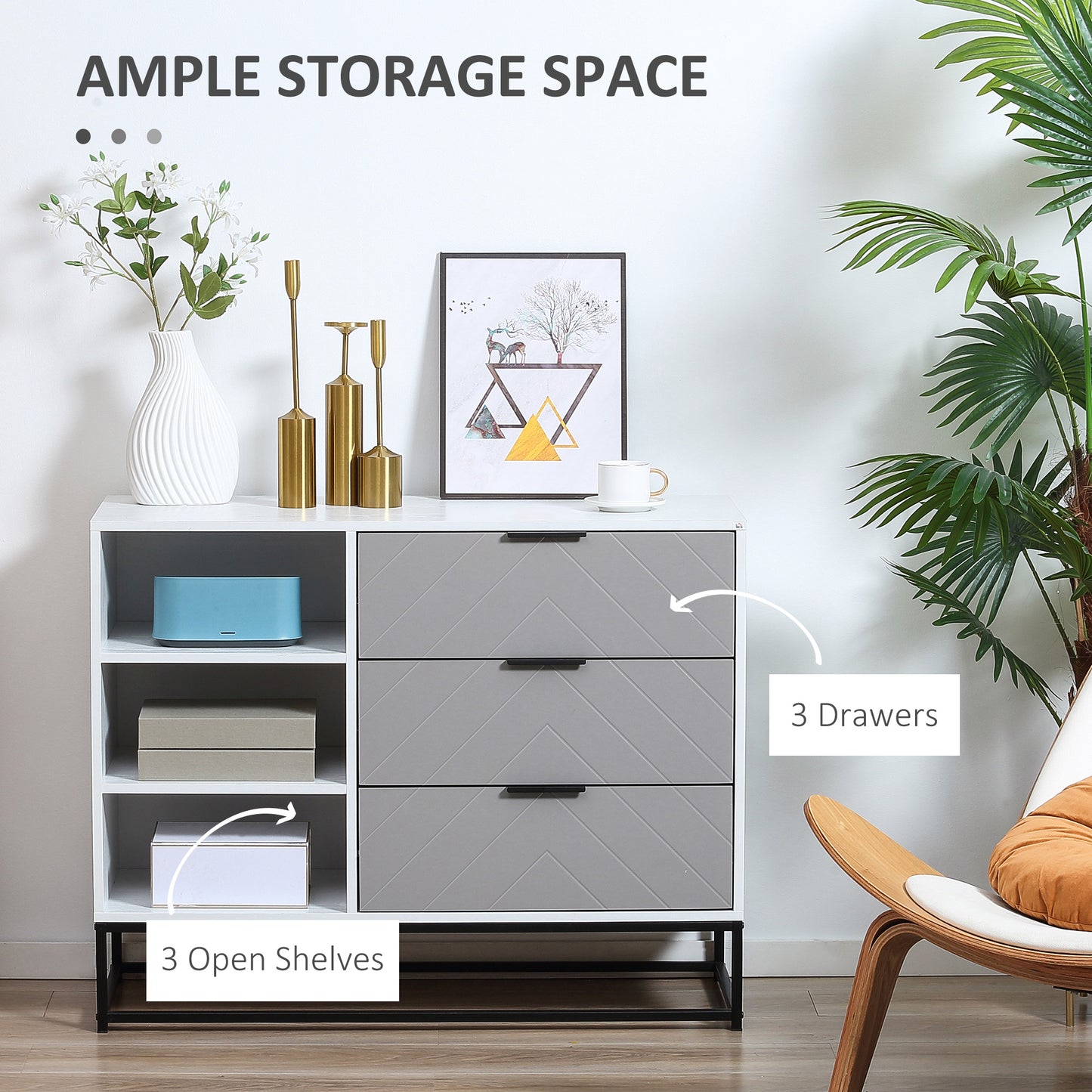 Modern Storage Cabinet, 3 Drawer Dresser with Chevron Pattern for Bedroom, Living Room, in Grey and White