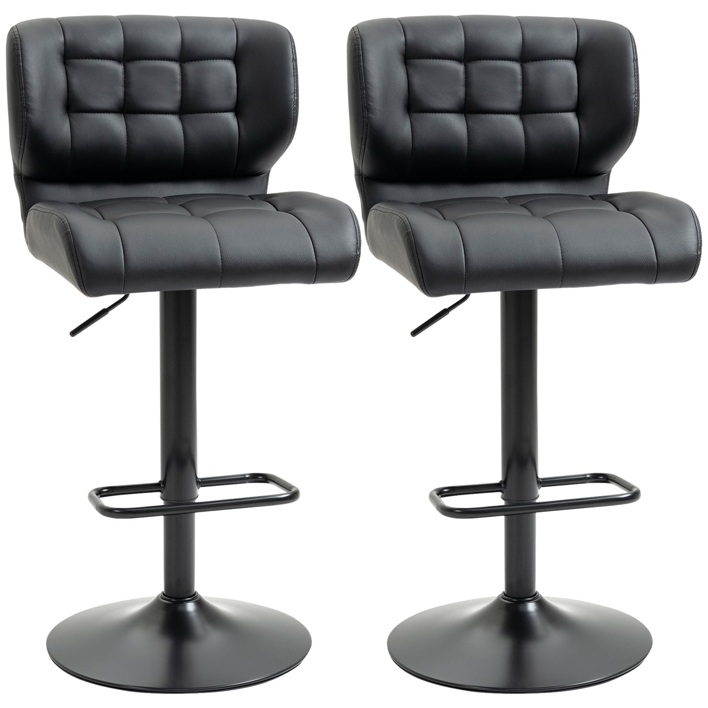 Adjustable Bar Stools Set of 2, Swivel Tufted PU Leather Barstools with Footrest and Back, for Kitchen Counter and Dining Room, Black