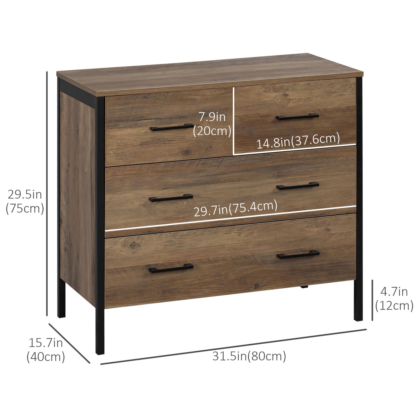 4 Drawer Dresser, Chest of Drawers with Metal Frame and Handles for Living Room, Brown