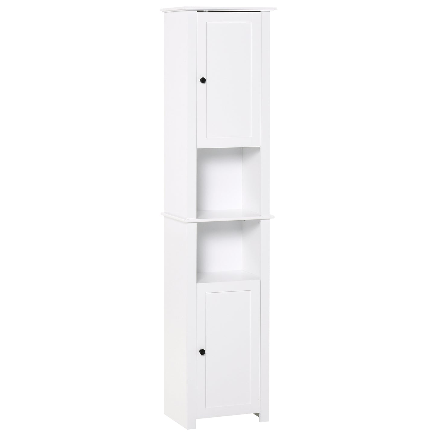 Tall Bathroom Storage Cabinet, Freestanding Linen Tower with 2-Tier Shelf and 2 Cupboards, Narrow Side Floor Organizer, White