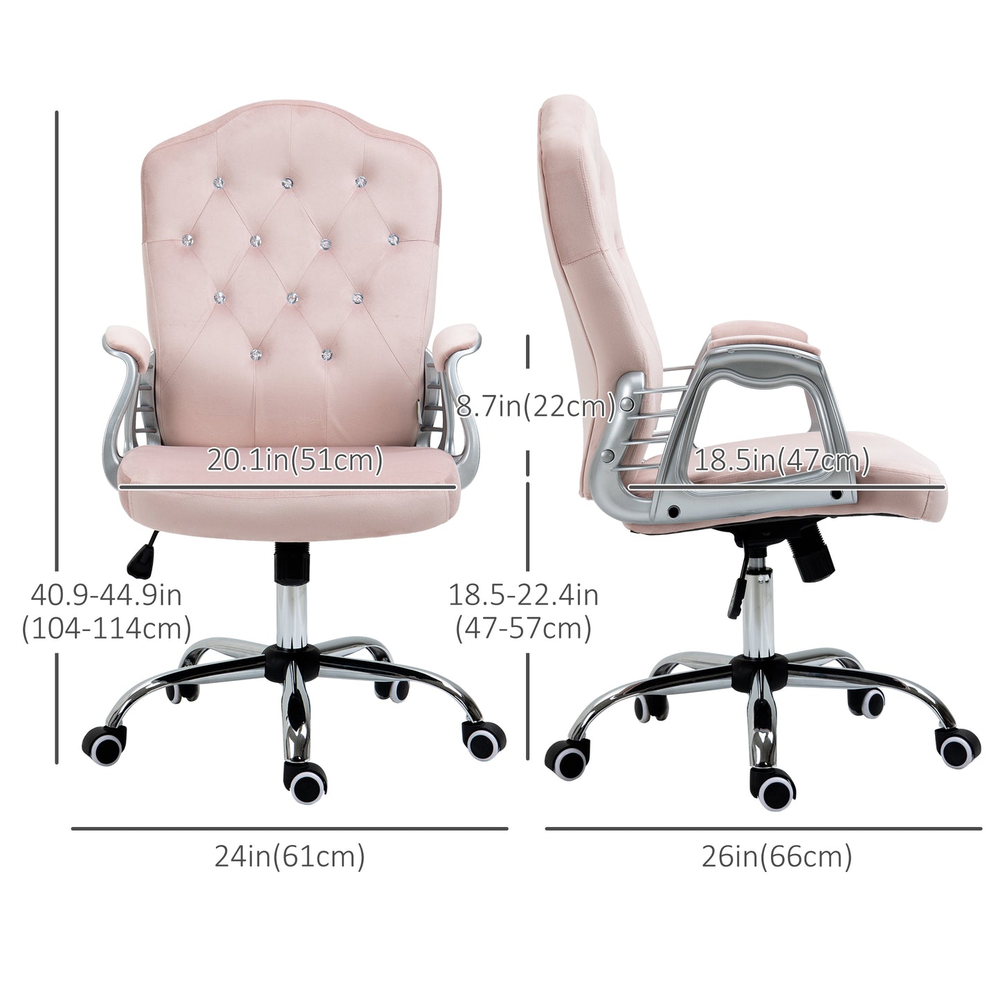 Vinsetto Home Office Chair, Velvet Computer Chair, Button Tufted Desk Chair with Swivel Wheels, Adjustable Height, Tilt Function, Pink