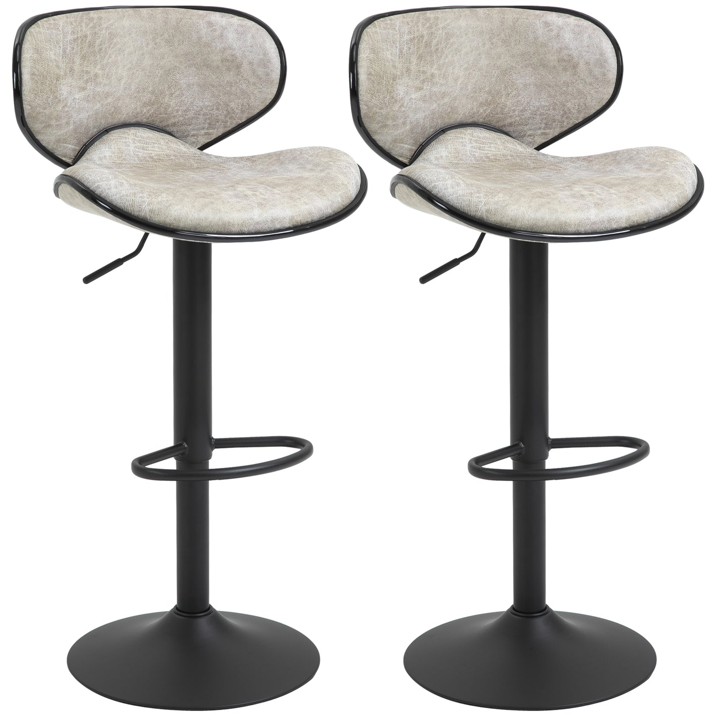 Vintage Bar Stool Set of 2 Faux Leather Adjustable Height Armless Chairs with Swivel Seat, Grey