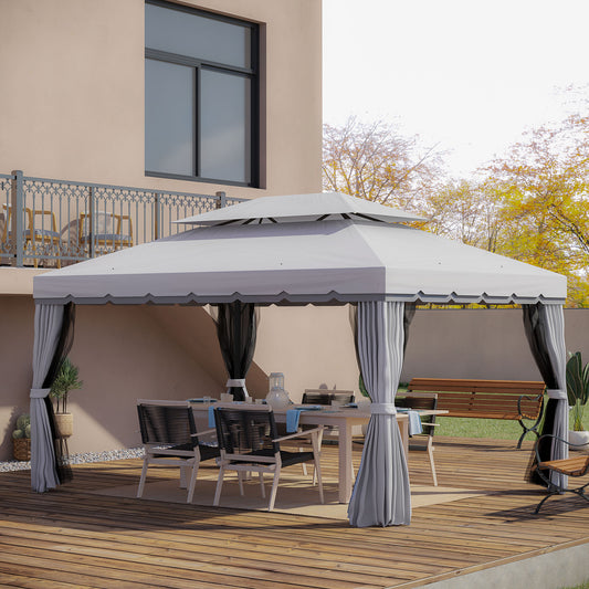 Outsunny 13' x 10' Outdoor Patio Gazebo Canopy with 2-Tier Polyester Roof Vented Mesh Sidewall & Strong Aluminum Frame Grey