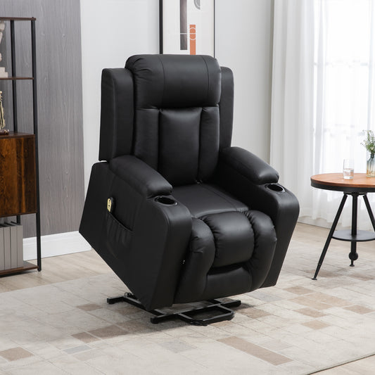 Electric Power Lift Chair for Elderly, PU Leather Recliner Sofa with Footrest, Remote Control and Cup Holders, Black