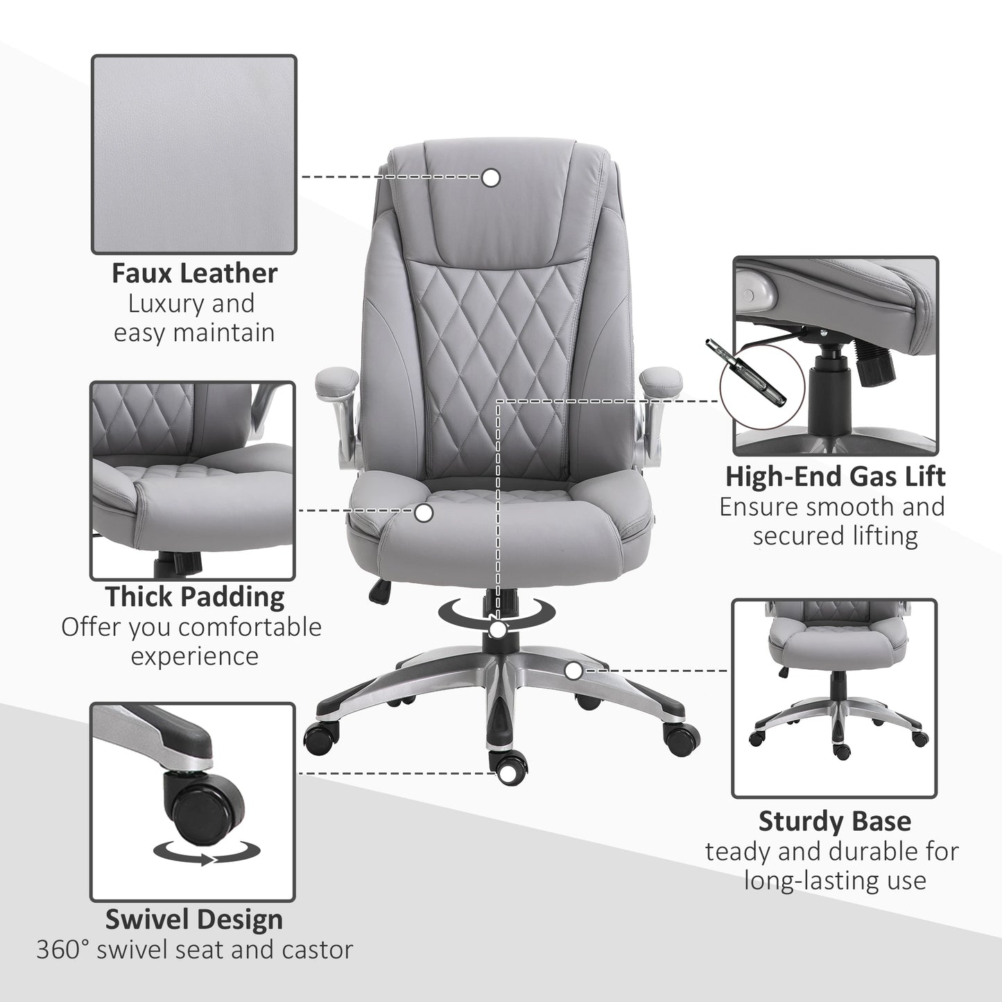 High-Back Office Chair Executive Swivel Computer Desk Chair, with PU Leather, Flip-up Armrest, Grey